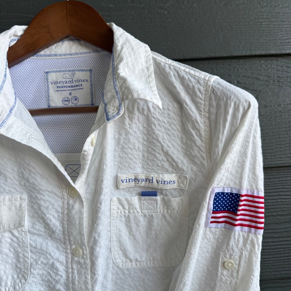 Vineyard Vines Performance Fishing Shirt White Flag Vented Women's Size 8 - Picture 3 of 14